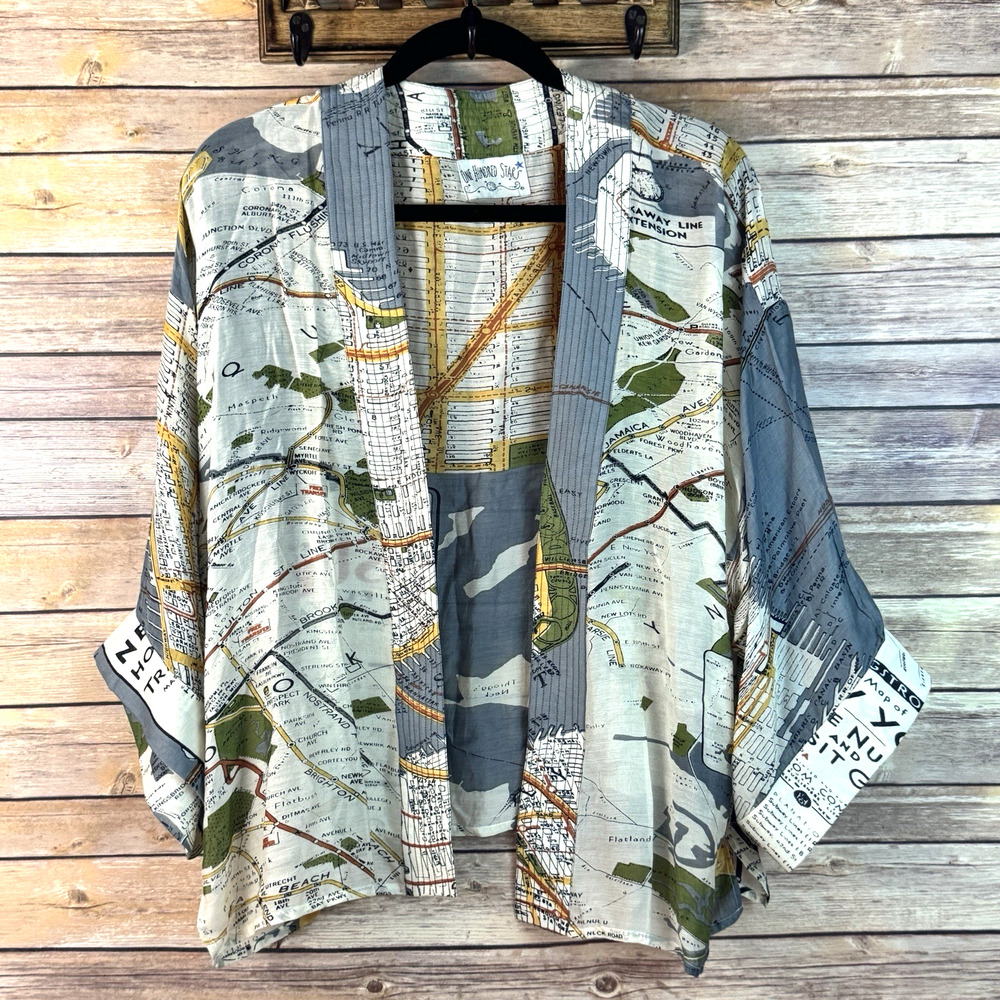 One Hundred Stars Short Kimono New York Map Oriental Japan Boho One Size